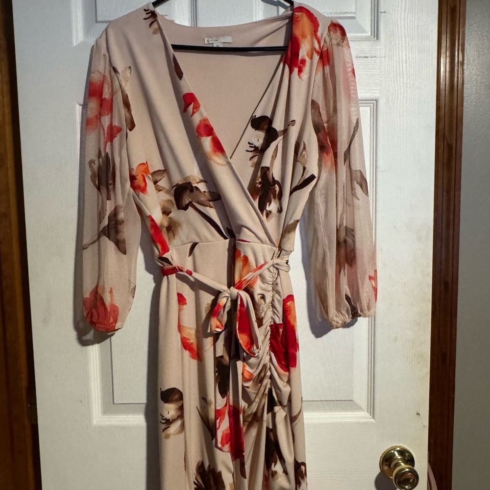 Cato Elegant Floral Long Sleeve Dress - Cream and Red